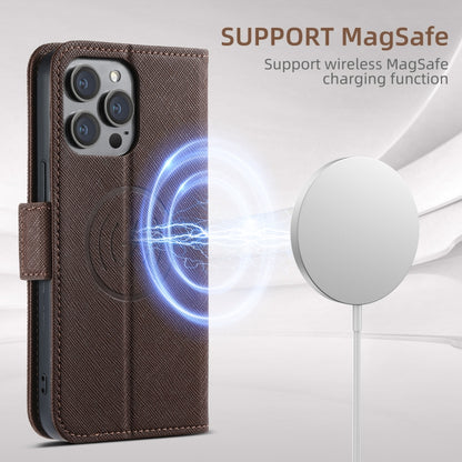 For iPhone 14 Plus Suteni J08 Multifunctional Cross Texture MagSafe Leather Phone Case(Brown) - iPhone 14 Plus Cases by Suteni | Online Shopping UK | buy2fix