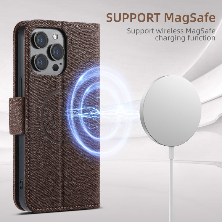 For iPhone 15 Plus Suteni J08 Multifunctional Cross Texture MagSafe Leather Phone Case(Brown) - iPhone 15 Plus Cases by Suteni | Online Shopping UK | buy2fix