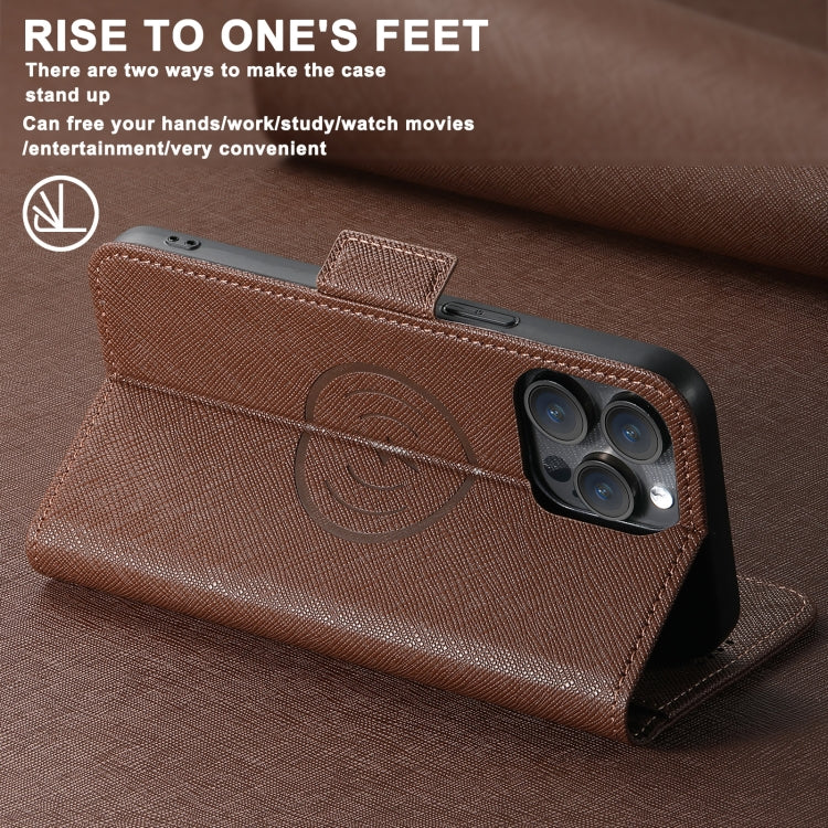 For iPhone 15 Plus Suteni J08 Multifunctional Cross Texture MagSafe Leather Phone Case(Brown) - iPhone 15 Plus Cases by Suteni | Online Shopping UK | buy2fix