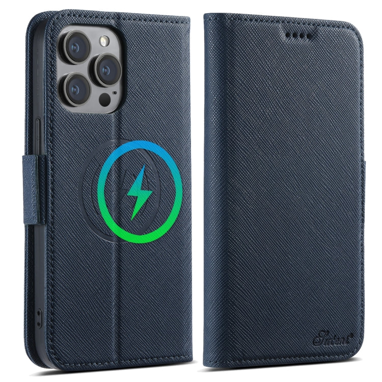 For iPhone 15 Plus Suteni J08 Multifunctional Cross Texture MagSafe Leather Phone Case(Blue) - iPhone 15 Plus Cases by Suteni | Online Shopping UK | buy2fix