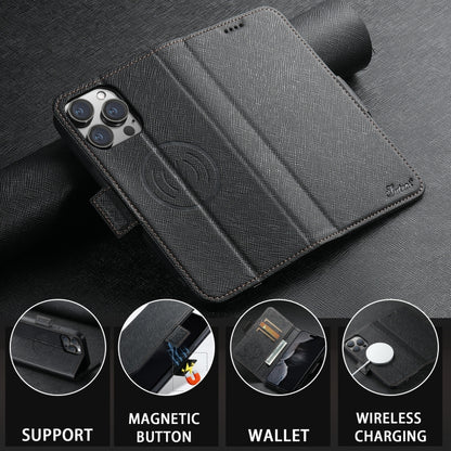 For iPhone 14 Plus Suteni J08 Multifunctional Cross Texture MagSafe Leather Phone Case(Black) - iPhone 14 Plus Cases by Suteni | Online Shopping UK | buy2fix