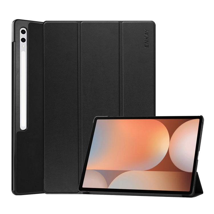 For Samsung Galaxy Tab S10 Ultra / S9 Ultra ENKAY Tri-fold Custer Texture Plastic Leather Smart Tablet Case with Pen Slot(Black) by ENKAY