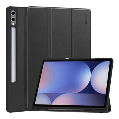 For Samsung Galaxy Tab S10 Ultra / S9 Ultra ENKAY Tri-fold Custer Texture TPU Leather Smart Tablet Case with Pen Slot(Black) by ENKAY