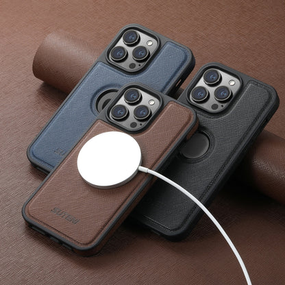 For iPhone 16 Suteni G1 Cross Texture MagSafe Phone Case(Brown) - iPhone 16 Cases by Suteni | Online Shopping UK | buy2fix