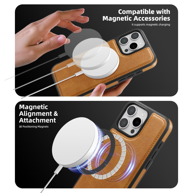 For iPhone 14 Plus Shield Multi-functional MagSafe Card Bag Phone Case(Brown) - iPhone 14 Plus Cases by buy2fix | Online Shopping UK | buy2fix