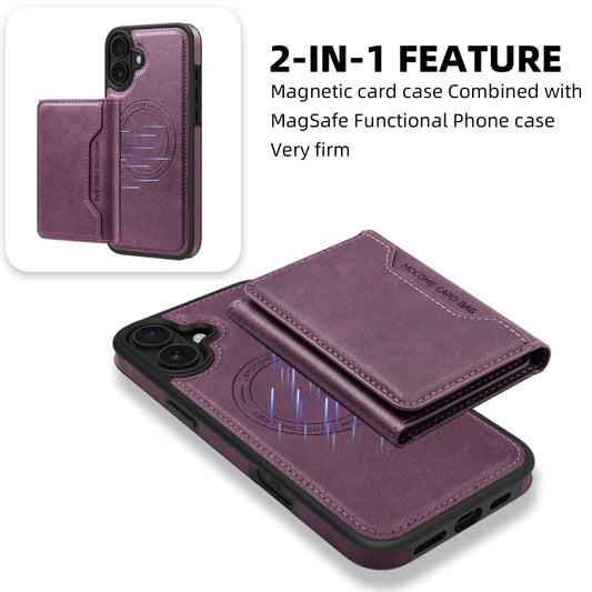 For iPhone 16 Plus Shield Multi-functional MagSafe Card Bag Phone Case(Purple) by buy2fix