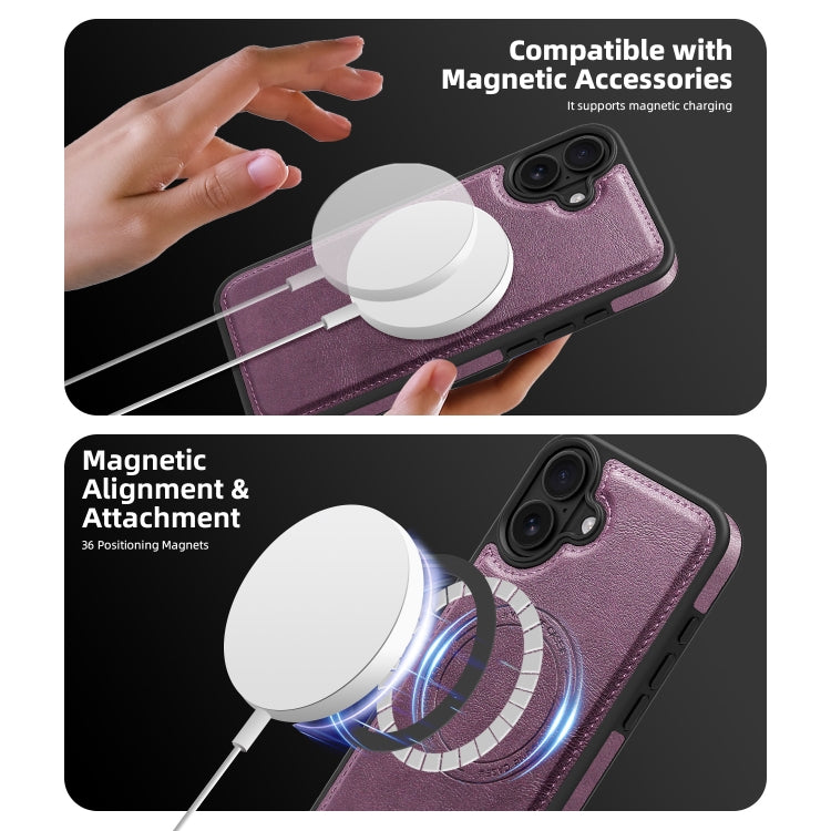 For iPhone 16 Plus Shield Multi-functional MagSafe Card Bag Phone Case(Purple) by buy2fix