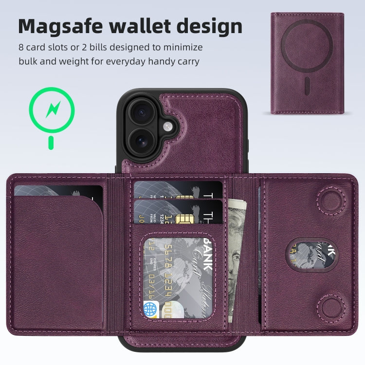 For iPhone 16 Plus Shield Multi-functional MagSafe Card Bag Phone Case(Purple) by buy2fix