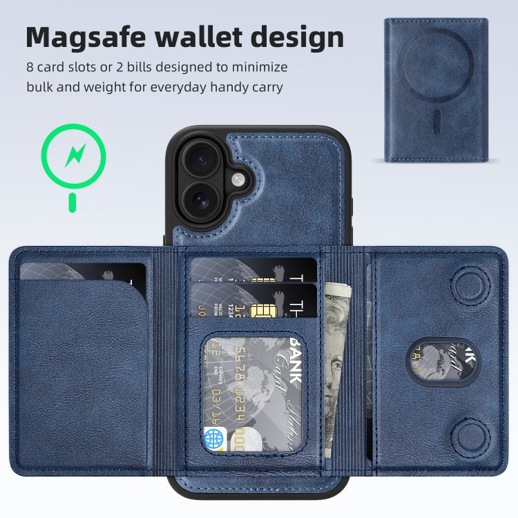 For iPhone 16 Plus Shield Multi-functional MagSafe Card Bag Phone Case(Blue) by buy2fix