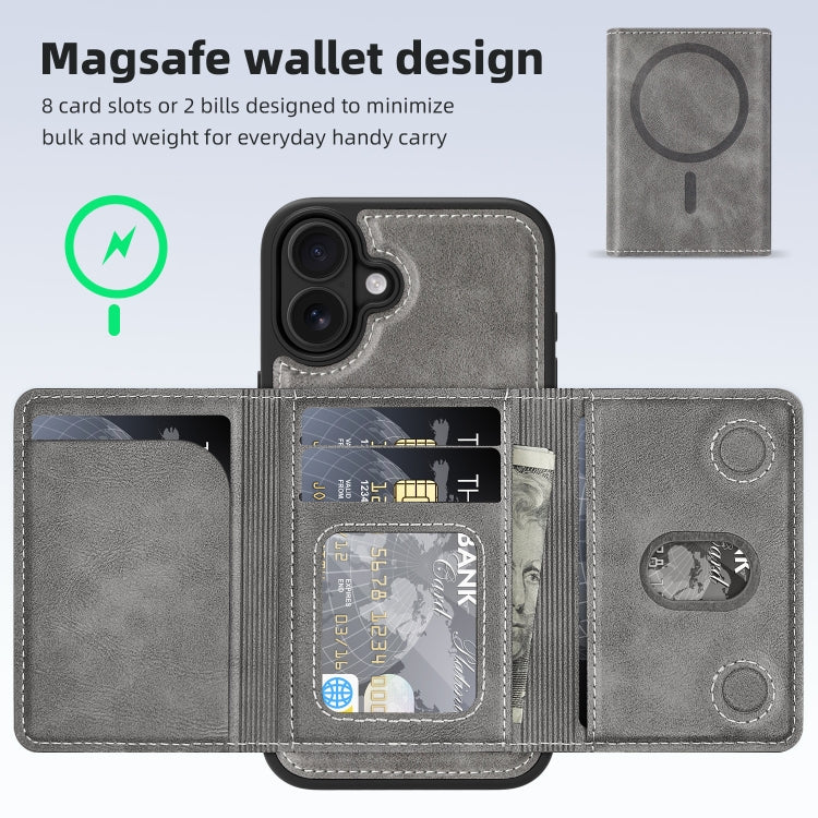 For iPhone 16 Plus Shield Multi-functional MagSafe Card Bag Phone Case(Grey) by buy2fix