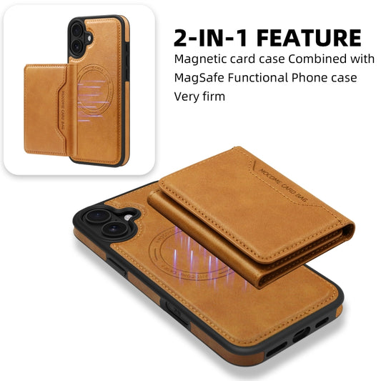 For iPhone 16 Shield Multi-functional MagSafe Card Bag Phone Case(Brown) by buy2fix