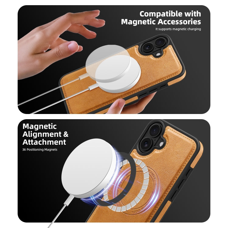 For iPhone 16 Shield Multi-functional MagSafe Card Bag Phone Case(Brown) by buy2fix