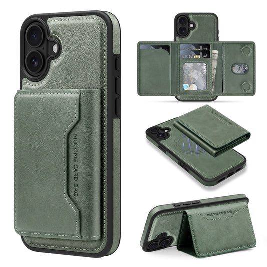 For iPhone 16 Shield Multi-functional MagSafe Card Bag Phone Case(Green) by buy2fix