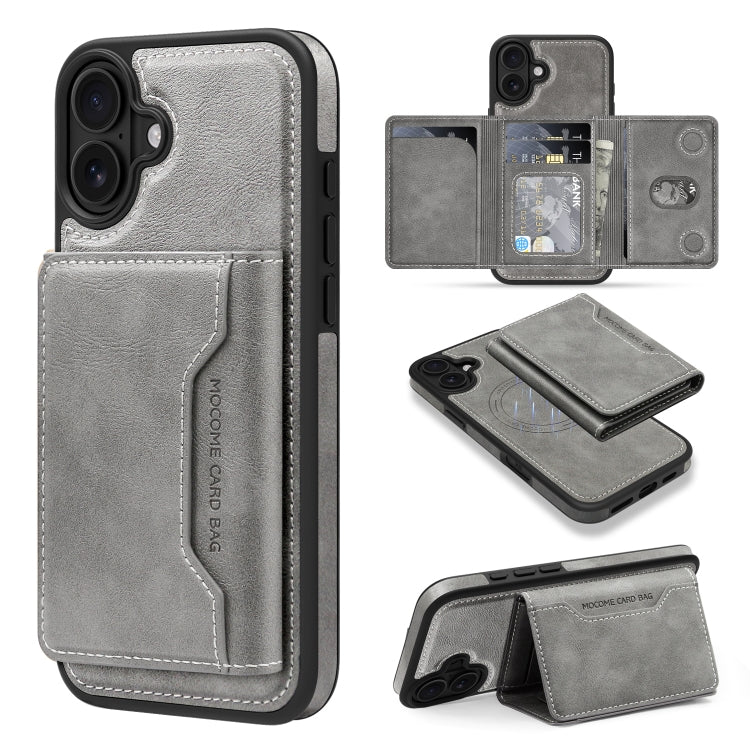 For iPhone 16 Shield Multi-functional MagSafe Card Bag Phone Case(Grey) by buy2fix