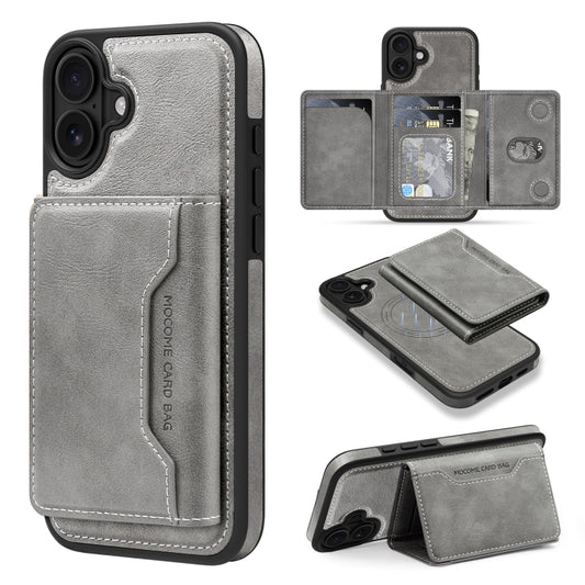 For iPhone 16 Shield Multi-functional MagSafe Card Bag Phone Case(Grey) by buy2fix