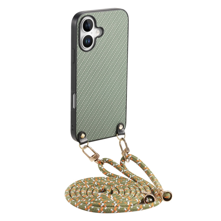 For iPhone 16 Plus Carbon Fiber Texture Leather Back Phone Case with Crossbody Strap(Green) by buy2fix