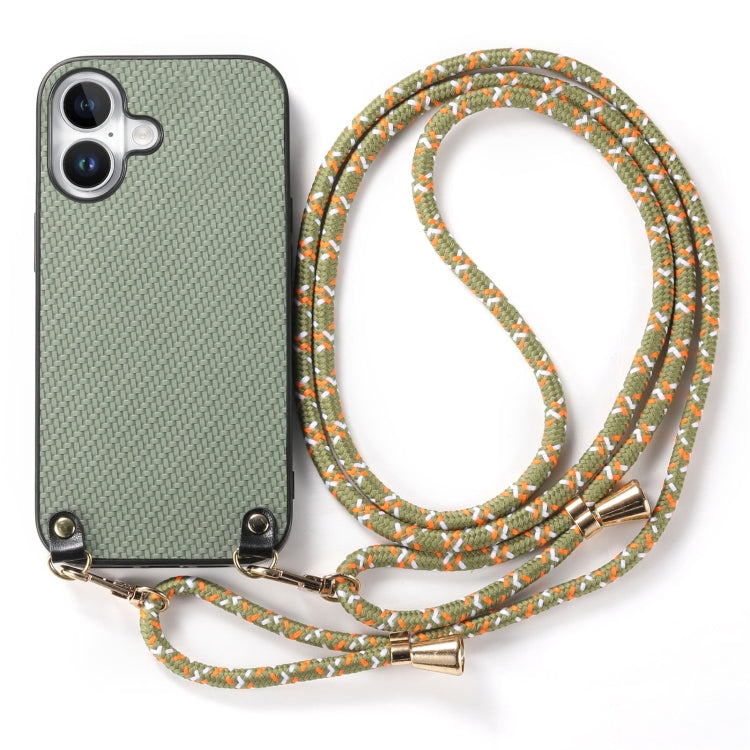 For iPhone 16 Plus Carbon Fiber Texture Leather Back Phone Case with Crossbody Strap(Green) by buy2fix
