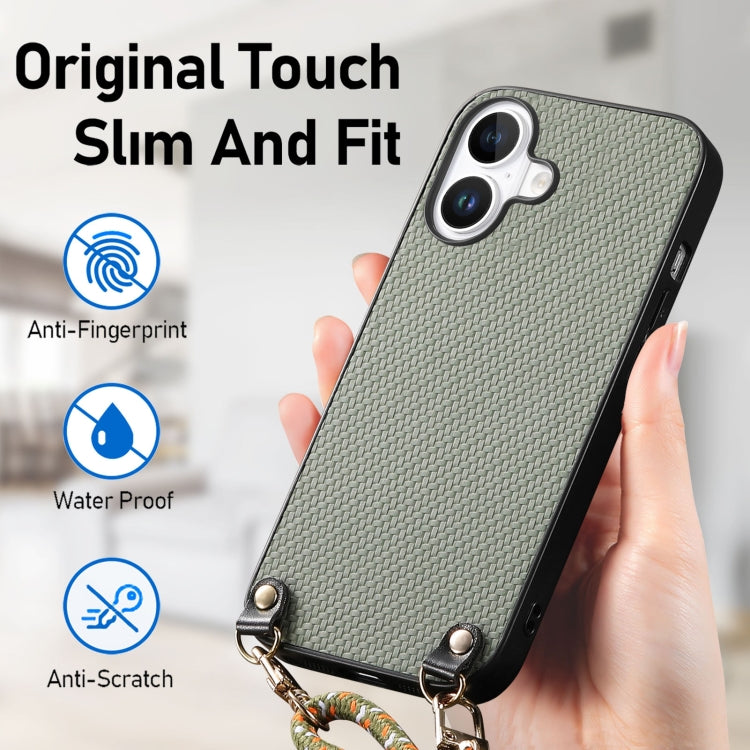 For iPhone 16 Plus Carbon Fiber Texture Leather Back Phone Case with Crossbody Strap(Green) by buy2fix