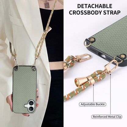 For iPhone 16 Plus Carbon Fiber Texture Leather Back Phone Case with Crossbody Strap(Green) by buy2fix
