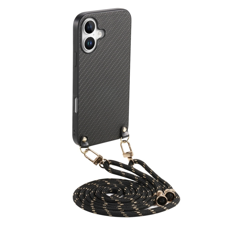 For iPhone 16 Plus Carbon Fiber Texture Leather Back Phone Case with Crossbody Strap(Black) by buy2fix