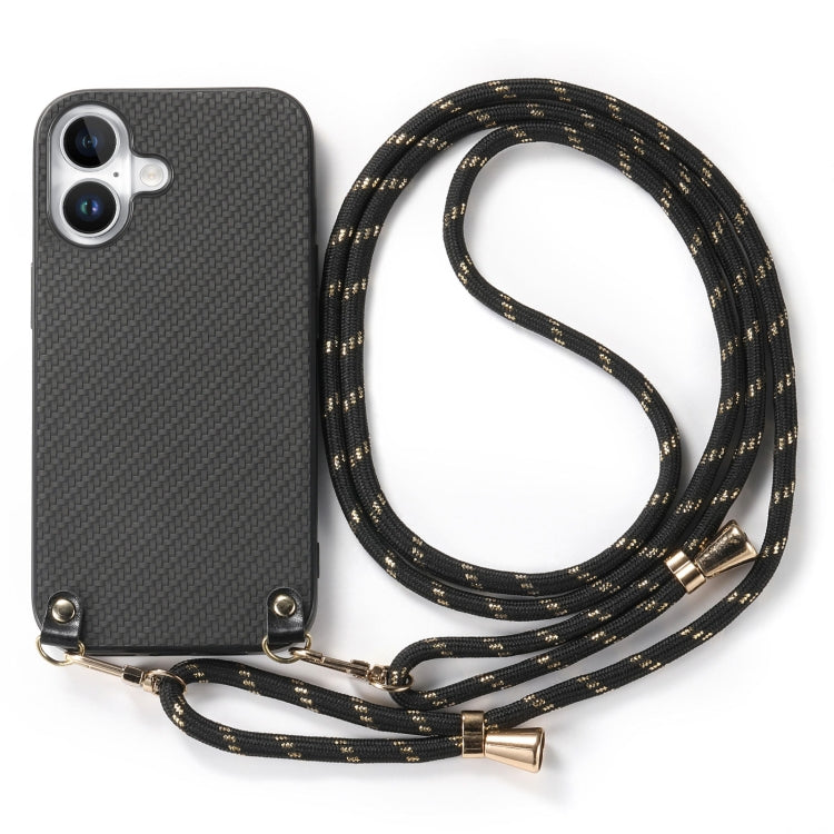 For iPhone 16 Plus Carbon Fiber Texture Leather Back Phone Case with Crossbody Strap(Black) by buy2fix