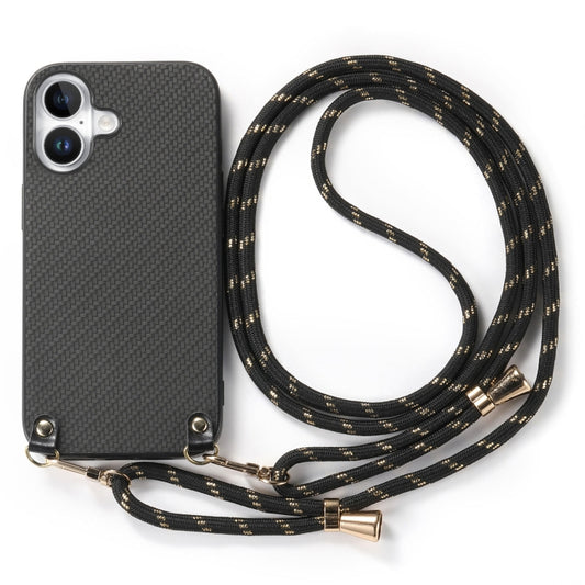 For iPhone 16 Plus Carbon Fiber Texture Leather Back Phone Case with Crossbody Strap(Black) by buy2fix
