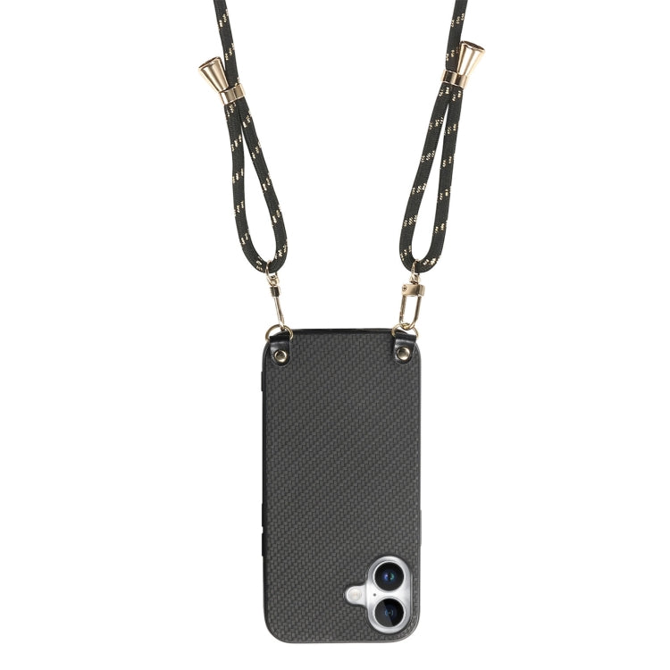For iPhone 16 Plus Carbon Fiber Texture Leather Back Phone Case with Crossbody Strap(Black) by buy2fix