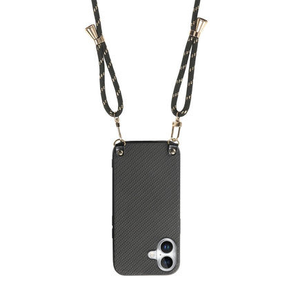 For iPhone 16 Plus Carbon Fiber Texture Leather Back Phone Case with Crossbody Strap(Black) by buy2fix