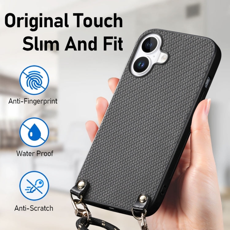 For iPhone 16 Plus Carbon Fiber Texture Leather Back Phone Case with Crossbody Strap(Black) by buy2fix