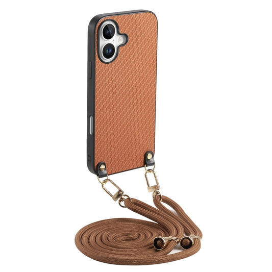 For iPhone 16 Plus Carbon Fiber Texture Leather Back Phone Case with Crossbody Strap(Brown) by buy2fix