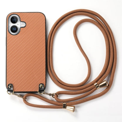 For iPhone 16 Plus Carbon Fiber Texture Leather Back Phone Case with Crossbody Strap(Brown) by buy2fix