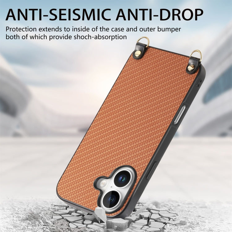 For iPhone 16 Plus Carbon Fiber Texture Leather Back Phone Case with Crossbody Strap(Brown) by buy2fix