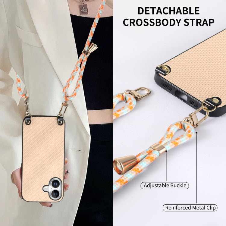 For iPhone 16 Plus Carbon Fiber Texture Leather Back Phone Case with Crossbody Strap(Khaki) by buy2fix