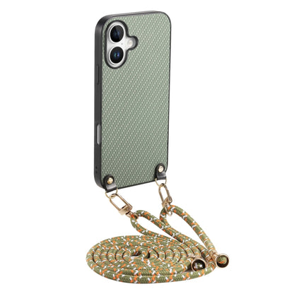 For iPhone 16 Carbon Fiber Texture Leather Back Phone Case with Crossbody Strap(Green) - iPhone 16 Cases by buy2fix | Online Shopping UK | buy2fix