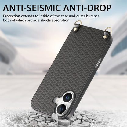 For iPhone 16 Carbon Fiber Texture Leather Back Phone Case with Crossbody Strap(Black) - iPhone 16 Cases by buy2fix | Online Shopping UK | buy2fix