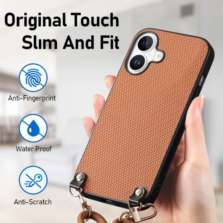 For iPhone 16 Carbon Fiber Texture Leather Back Phone Case with Crossbody Strap(Brown) by buy2fix