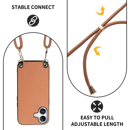 For iPhone 16 Carbon Fiber Texture Leather Back Phone Case with Crossbody Strap(Brown) by buy2fix