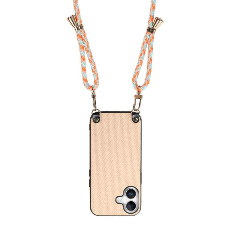 For iPhone 16 Carbon Fiber Texture Leather Back Phone Case with Crossbody Strap(Khaki) by buy2fix