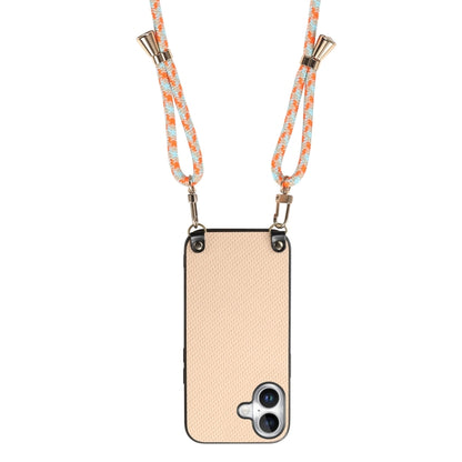 For iPhone 16 Carbon Fiber Texture Leather Back Phone Case with Crossbody Strap(Khaki) by buy2fix