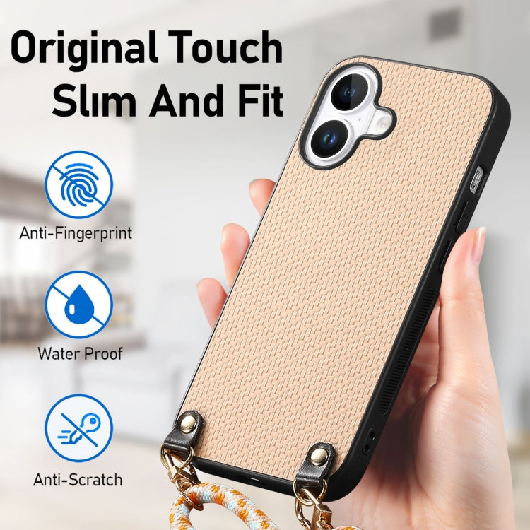 For iPhone 16 Carbon Fiber Texture Leather Back Phone Case with Crossbody Strap(Khaki) by buy2fix