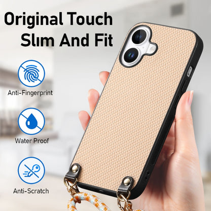 For iPhone 16 Carbon Fiber Texture Leather Back Phone Case with Crossbody Strap(Khaki) by buy2fix