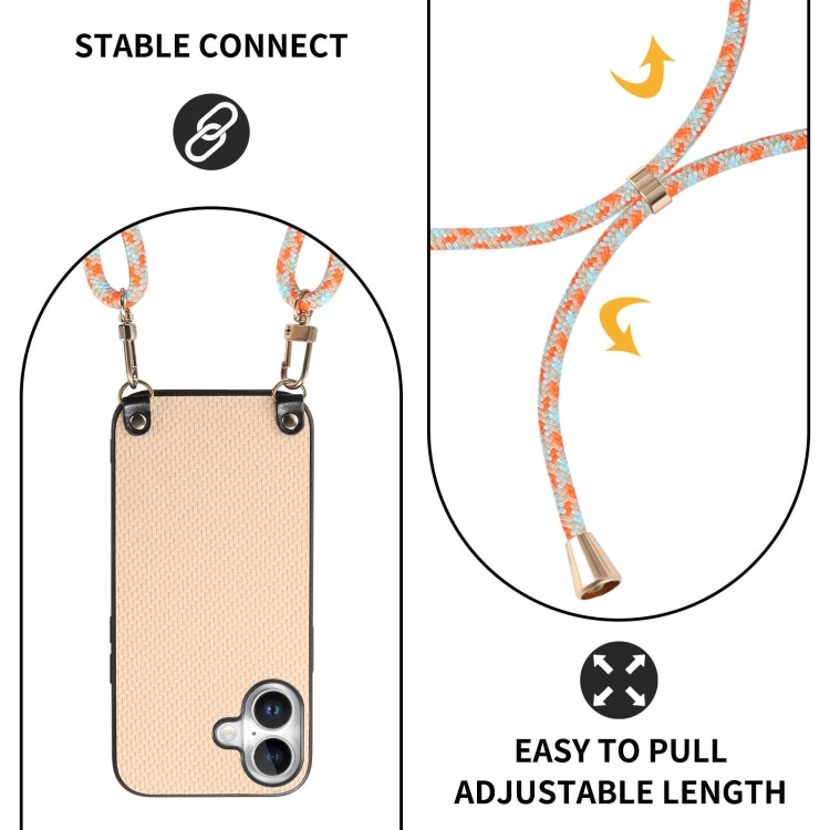 For iPhone 16 Carbon Fiber Texture Leather Back Phone Case with Crossbody Strap(Khaki) by buy2fix