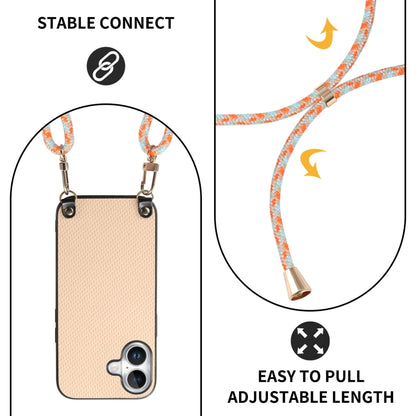 For iPhone 16 Carbon Fiber Texture Leather Back Phone Case with Crossbody Strap(Khaki) by buy2fix