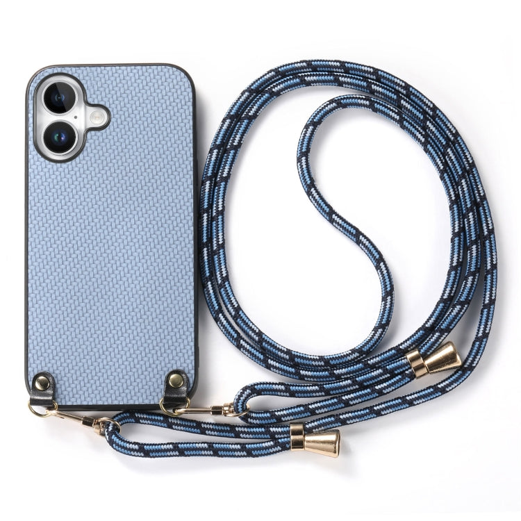 For iPhone 16 Carbon Fiber Texture Leather Back Phone Case with Crossbody Strap(Blue) - iPhone 16 Cases by buy2fix | Online Shopping UK | buy2fix