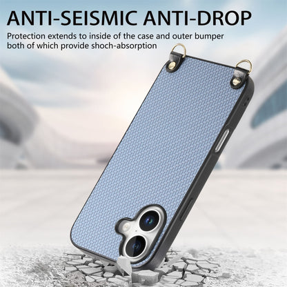 For iPhone 16 Carbon Fiber Texture Leather Back Phone Case with Crossbody Strap(Blue) - iPhone 16 Cases by buy2fix | Online Shopping UK | buy2fix