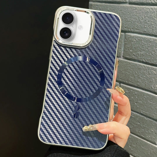For iPhone 16 Plus AG Carbon Fiber Frameless MagSafe Phone Case(Blue)