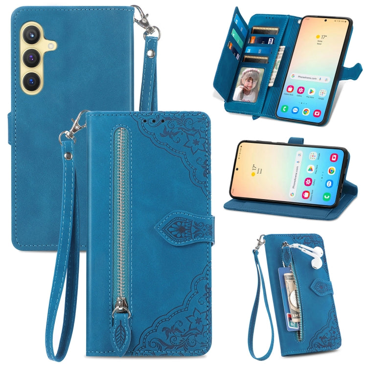 For Samsung Galaxy S25+ 5G Embossed Flower Zipper Leather Phone Case(Blue) by buy2fix