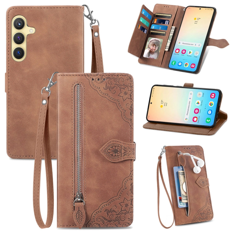 For Samsung Galaxy S25+ 5G Embossed Flower Zipper Leather Phone Case(Brown) - Galaxy S25+ 5G Cases by buy2fix | Online Shopping UK | buy2fix