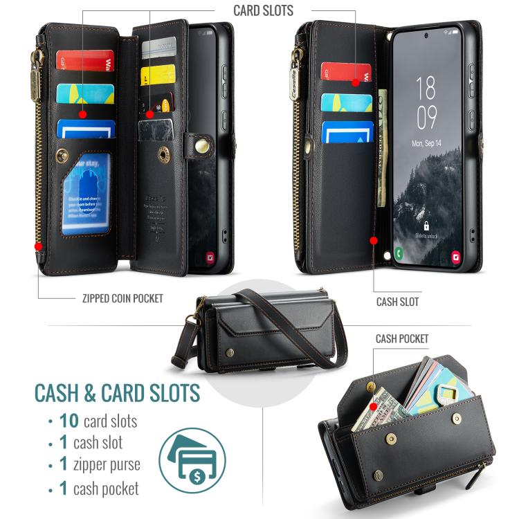 For Samsung Galaxy S25+ 5G CaseMe C36 Card Slots Zipper Wallet RFID Anti-theft Leather Phone Case(Black) - Galaxy S25+ 5G Cases by CaseMe | Online Shopping UK | buy2fix