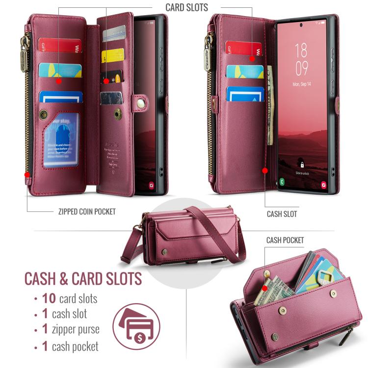 For Samsung Galaxy S25 Ultra 5G CaseMe C36 Card Slots Zipper Wallet RFID Anti-theft Leather Phone Case(Red) - Galaxy S25 Ultra 5G Cases by CaseMe | Online Shopping UK | buy2fix